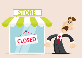 Unhappy businessman standing next to store with closed sign