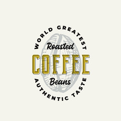 Roasted Coffee Abstract Vector Sign, Symbol or Logo Template. Hand Drawn Coffee Bean Sillhouette with Retro Typography. Vintage Sketch Emblem.