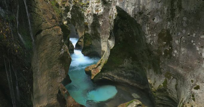 Emerald water in the Velika korita gorge, Soca valley, Slovenia