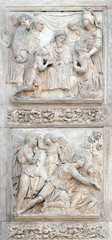 Jacob and the Angel by Niccolo Tribolo up and Benjamin brings the cup to Pharaoh by Francesco da Milano, left door of San Petronio Basilica in Bologna, Italy