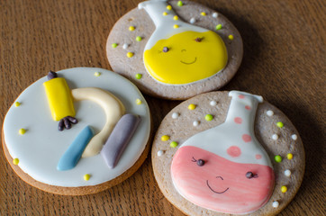 Scientific experiment  style cookies. gingerbread with decor in the style of  chemical  experiments. microscope and test tubes kids design.