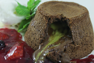 chocolate fondant with pistachio paste