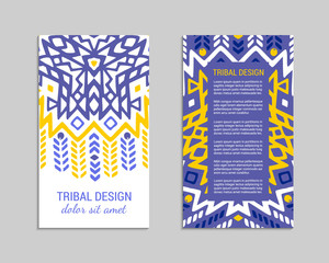 Aztec colorful hand-drawn ornamental card template. American indian leaflet design. Tribal decorative pattern. Ethnic ornate background. Vintage style flyer. EPS 10 vector brochure set.