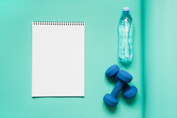 Sport equipment. Creative flat lay of sport and fitness equipments on green background with copy...