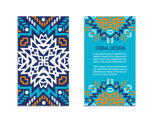 Aztec colorful hand-drawn ornamental card template. American indian leaflet design. Tribal decorative pattern. Ethnic ornate background. Vintage style flyer. EPS 10 vector brochure set.