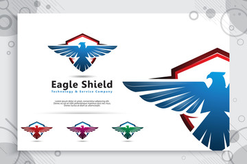 Eagle shield vector logo designs with modern style for technology company, Bird shield illustration for cyber security and software digital template.