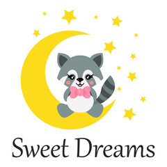 cartoon cute raccoon with tie sits on the moon and text