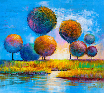 Abstract trees on the river bank. Original painting. © serge-b