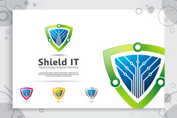 3d shield tech vector logo design with modern concept , abstract illustration symbol of cyber security  for digital template protection software company.