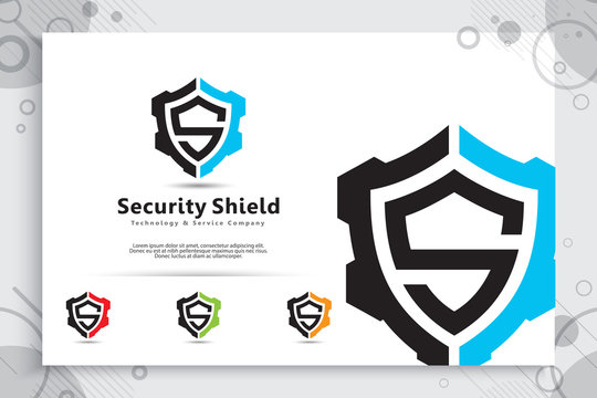 Security shield tech vector logo design with modern concept , abstract illustration symbol of cyber security  for digital template protection software company.