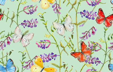 lovely seamless texture with meadow flowers and flying butterflies. watercolor painting