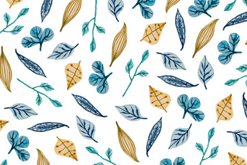 Blue And Yellow Leaves On White Background