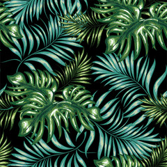 Seamless pattern of a tropical palm tree, jungle leaves. Vector floral pattern.