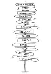 Artistic drawing of old wooden directional road arrow sign with names of some western European countries. United Kingdom, Germany, France, Austria,Netherlands and more.