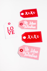 Valentines day postcard, top view. Valentines day background. Valentines Day symbols isolated on white.