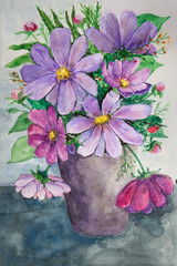 Watercolor Painting Of Pink And Purple Bouquet