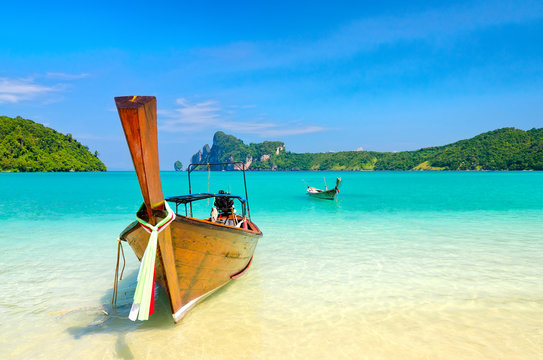 Longtail boats on the Loh Dalum beach, Phi-Phi Don island, Thail