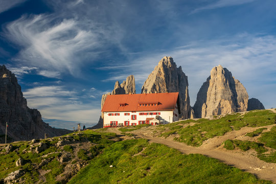 Morning view of mountain hut against picturesque sky in Tre Cime di Lavaredo National Park, Dolomite Alps, Italy