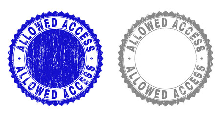 Grunge ALLOWED ACCESS stamp seals isolated on a white background. Rosette seals with distress texture in blue and grey colors. Vector rubber imitation of ALLOWED ACCESS caption inside round rosette.