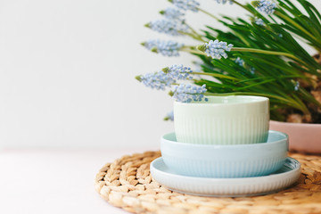 Set of ceramic pastel dishware on table