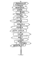 Artistic drawing of old wooden directional road arrow sign with names of some countries of Central and South Africa. Madagascar, Somalia, Sudan, Mali, Angola and more.