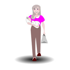  Illustration  woman holding a baby and carrying a bag. Lady cartoon character  on isolated background. Parenting  concept. Mother preparing to take the child to travel or to the hospital.