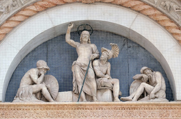 Lunette of the Resurrection, facade of San Petronio Basilica by Alfonso Lombardi in Bologna, Italy