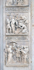 Stories of Rebecca up and Moses by Alfonso Lombardi, left door of San Petronio Basilica in Bologna, Italy