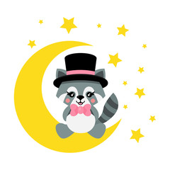 cartoon cute raccoon with tie and hat sits on the moon