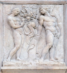 Temptation, Genesis relief on portal of Saint Petronius Basilica in Bologna, Italy