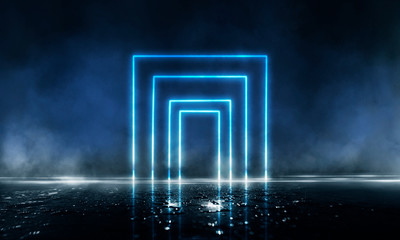Wet asphalt, neon light reflected on a wet surface, arch light, abstract light, smoke, smog. Night background, night city