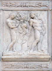 Temptation, Genesis relief on portal of Saint Petronius Basilica in Bologna, Italy