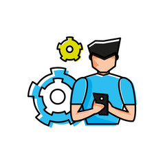 young man using smartphone with gears settings
