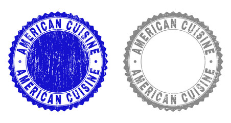 Grunge AMERICAN CUISINE stamp seals isolated on a white background. Rosette seals with distress texture in blue and grey colors. Vector rubber imprint of AMERICAN CUISINE tag inside round rosette.