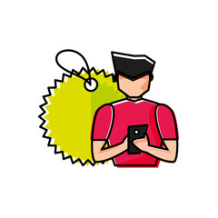 young man using smartphone with commercial tag