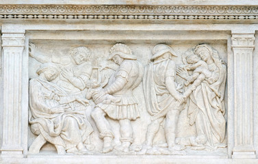 The Innocent massacre, relief on portal of Saint Petronius Basilica in Bologna, Italy