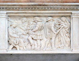 The Innocent massacre, relief on portal of Saint Petronius Basilica in Bologna, Italy