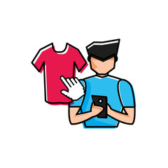 young man using smartphone buying shirt