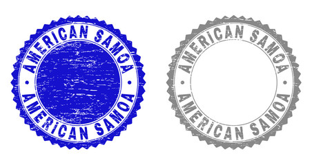 Grunge AMERICAN SAMOA stamp seals isolated on a white background. Rosette seals with grunge texture in blue and gray colors. Vector rubber overlay of AMERICAN SAMOA text inside round rosette.
