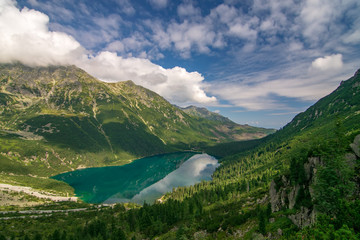 Scenic view of mountain lake Morskie Oko from trail to Czarny Staw, Tatra Mountains, Poland