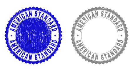 Grunge AMERICAN STANDARD stamp seals isolated on a white background. Rosette seals with grunge texture in blue and gray colors. Vector rubber imitation of AMERICAN STANDARD text inside round rosette.