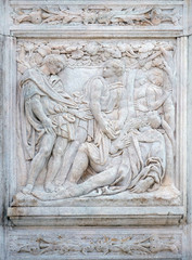 The Noah elation, relief on portal of Saint Petronius Basilica in Bologna, Italy