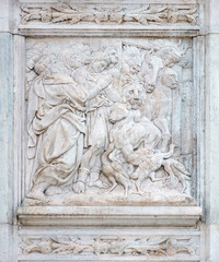 The Noah exits the ark, relief on portal of Saint Petronius Basilica in Bologna, Italy