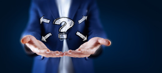 man hand question mark in screen