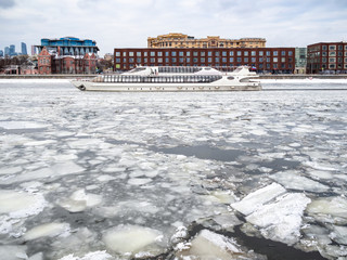 view of excursion boat on frozen Moskva River
