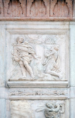 Cain and Abel sacrifices, Genesis relief on portal of Saint Petronius Basilica in Bologna, Italy