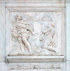 Cain and Abel sacrifices, Genesis relief on portal of Saint Petronius Basilica in Bologna, Italy