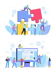 Fototapeta na wymiar People connecting puzzle elements. Business concept. Partnership. Team working, cooperation.Vector illustration in flat design style.