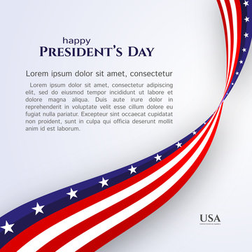 Banner text Happy President's Day American flag ribbon stars stripes on a light background Patriotic American theme USA flag of a wavy ribbon Design element for President's Day Patriotic ribbon Vector