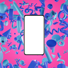 Smartphone on the pink background with blue geometric figures.